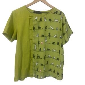 Gracila Cat Print T-Shirt 100% Cotton Lime Green Accent Buttons Lagenlook Sz L